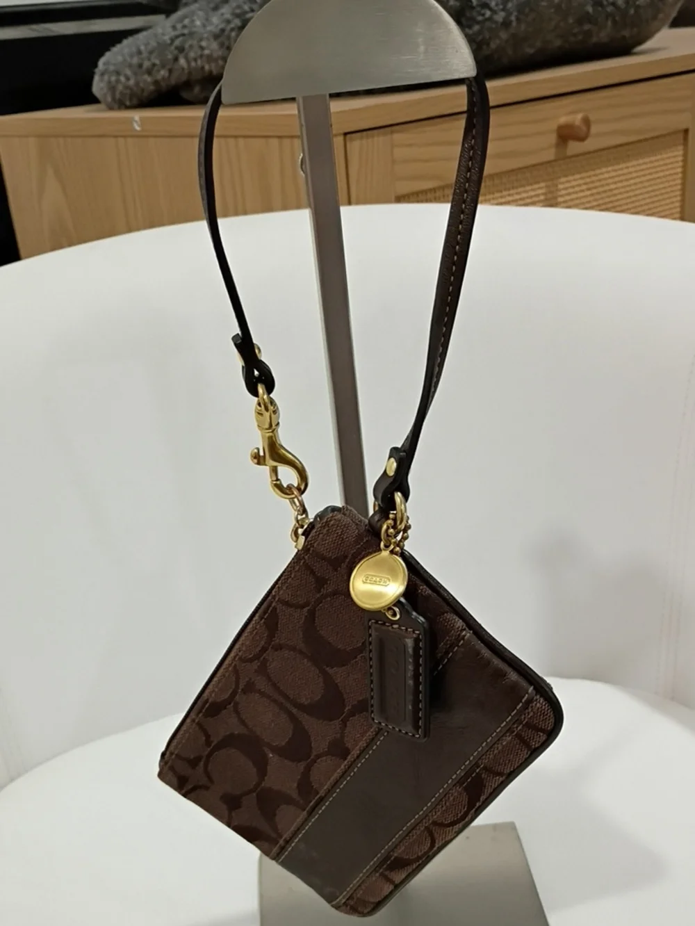 Coach Brown Signature Jacquard Wristlet with Legacy Lining And Gold Accents